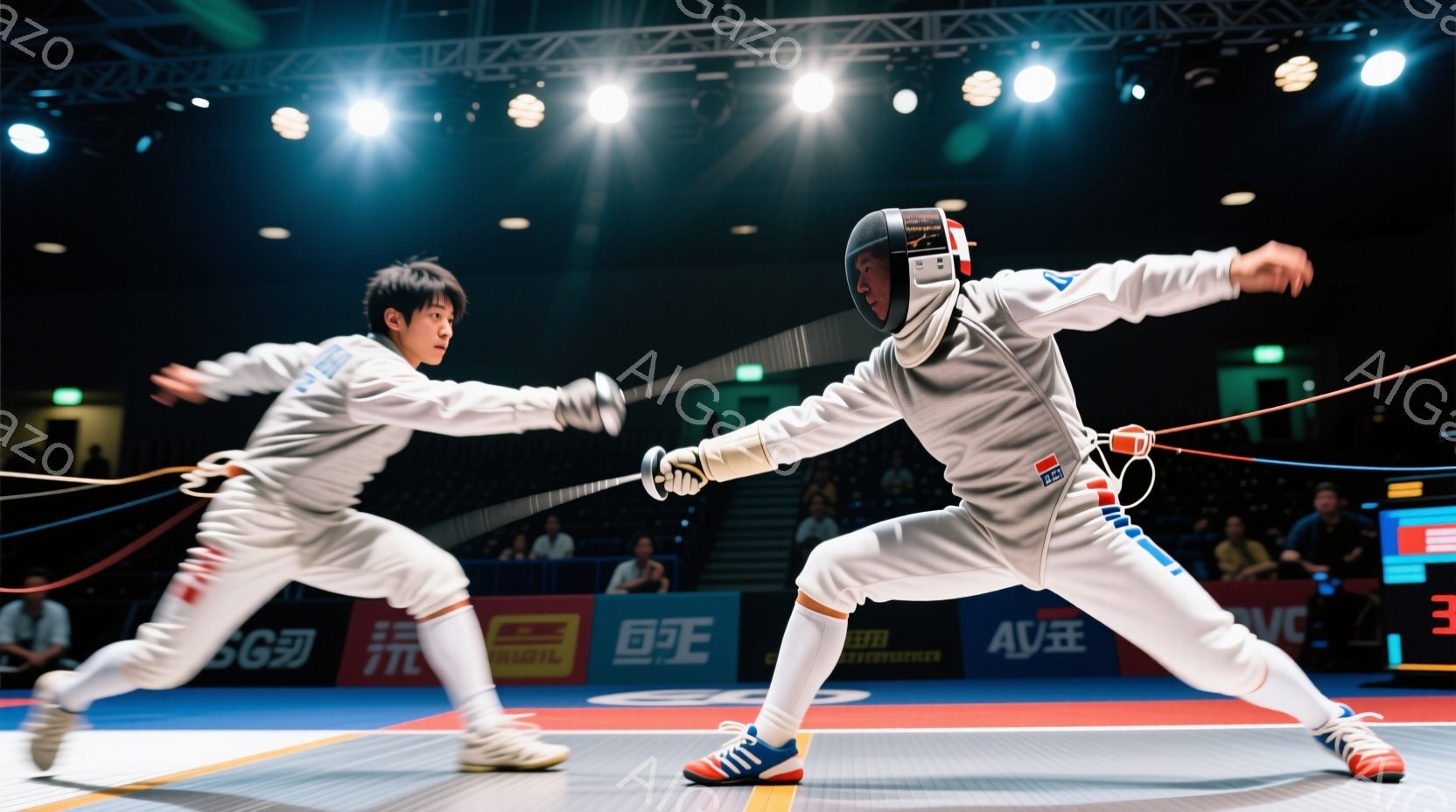 フェンシングの試合中の二人の選手が写っている。白のフェンシングスーツと防具を身につけ、片手に剣を持ち、相手に攻撃を仕掛けようとしている。背景には観客席が見え、青色のフェンシングコートで競技が行われている様子から、緊迫感のある雰囲気を感じられる。