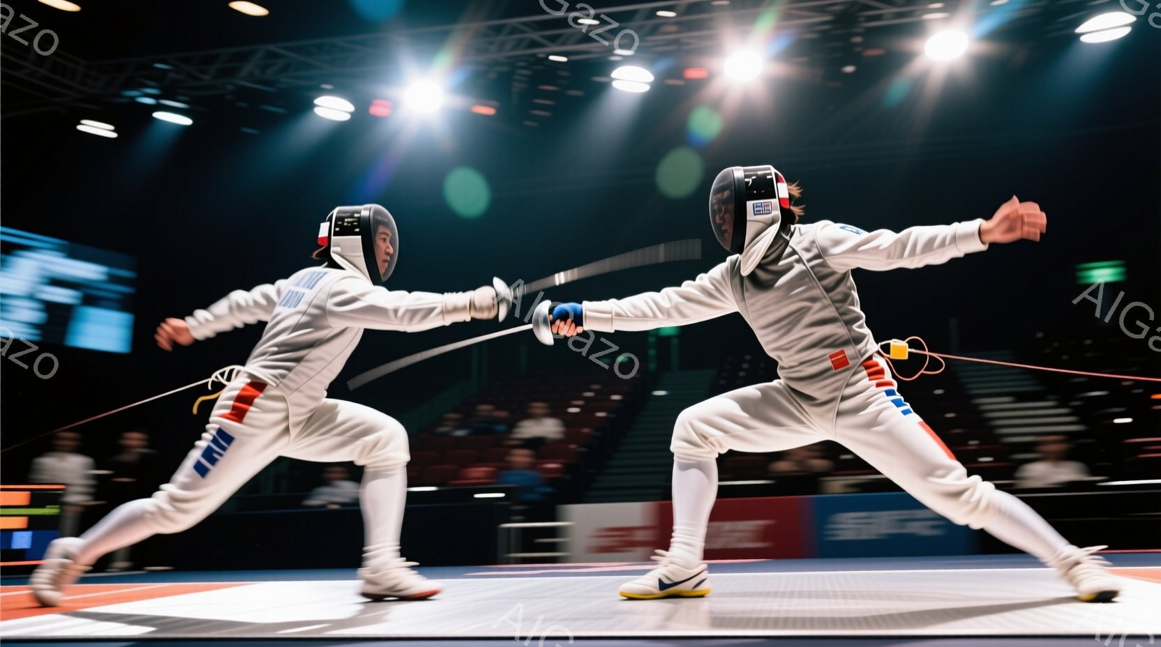 2人のフェンサーが試合中の様子が写っている。白いフェンシングスーツとプロテクターを身につけ、剣を構えて互いに向かい合っている。背景は観客席で、ぼやけた観客がおり、競技場の照明が光っている。