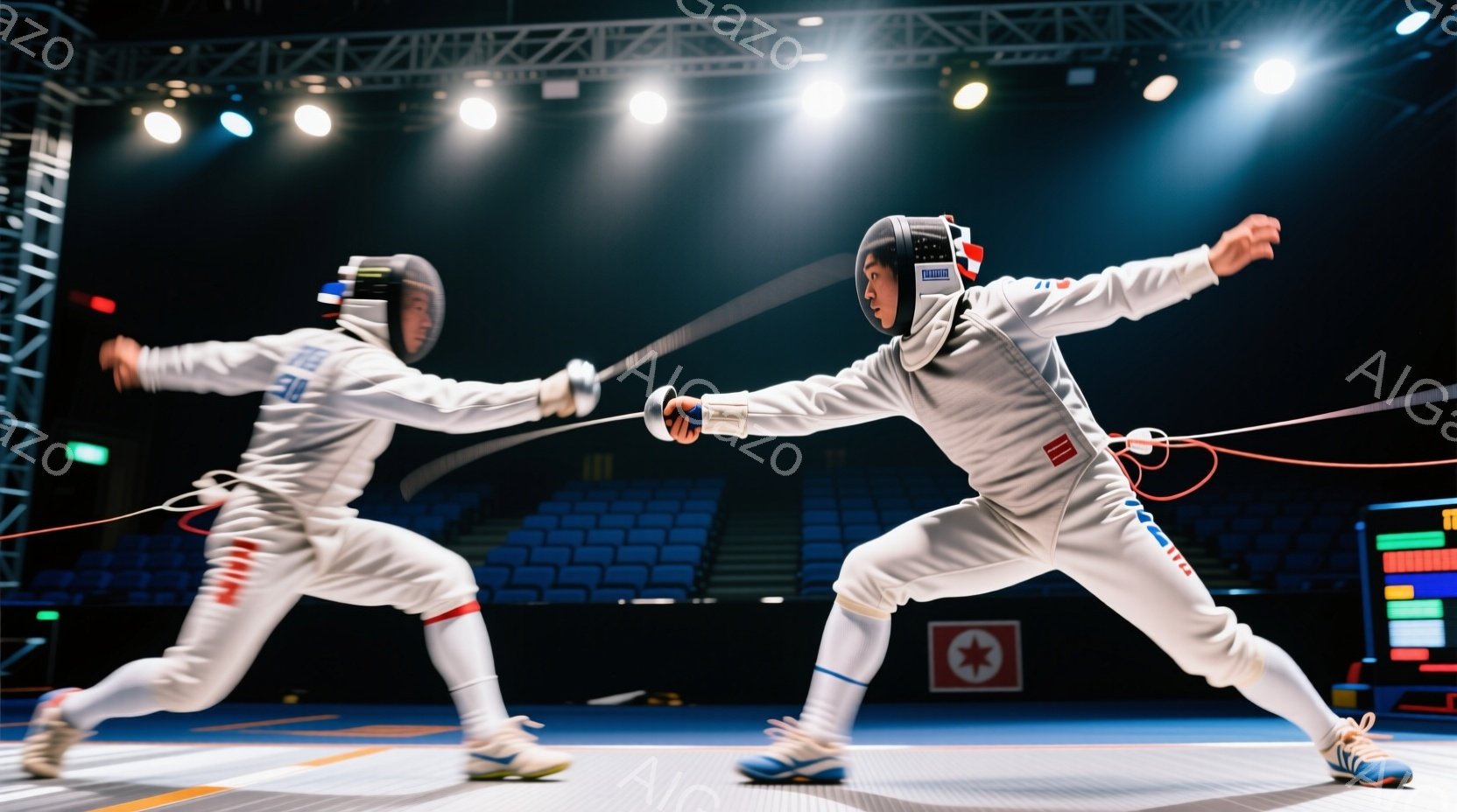 競技者は白いフェンシングスーツとプロテクターを着用し、ヘルメットを被っている。二人は剣を構え、互いに向かい合って攻撃態勢に入っており、動きのあるダイナミックな瞬間を捉えている。背景には観客席と照明が配置され、競技場の熱気と緊張感が伝わる。