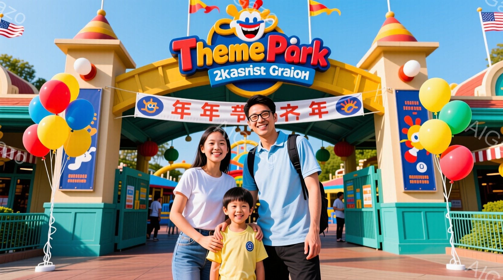 家族がテーマパークの入り口で笑顔で立っています。母親は長い髪で白いシャツを着ており、父親は短い髪で青いシャツとジーンズを着ています。子供は白いTシャツとジーンズで、両親の間に立ってカメラ目線で微笑んでいます。背景にはカラフルな装飾が施されたテーマパークの入り口と、青い空と緑の木々が見えます。