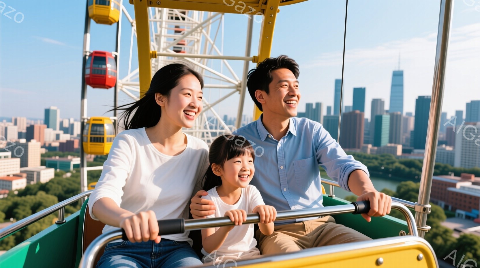 家族は観覧車に乗っており、皆笑顔で楽しんでいる様子が伺える。母親は黒髪を後ろでまとめ、白いTシャツとジーンズを着ている。父親はシャツを着ており、幼い娘は白いTシャツとズボンを着用し、全員がリラックスし - AI生成フリー素材