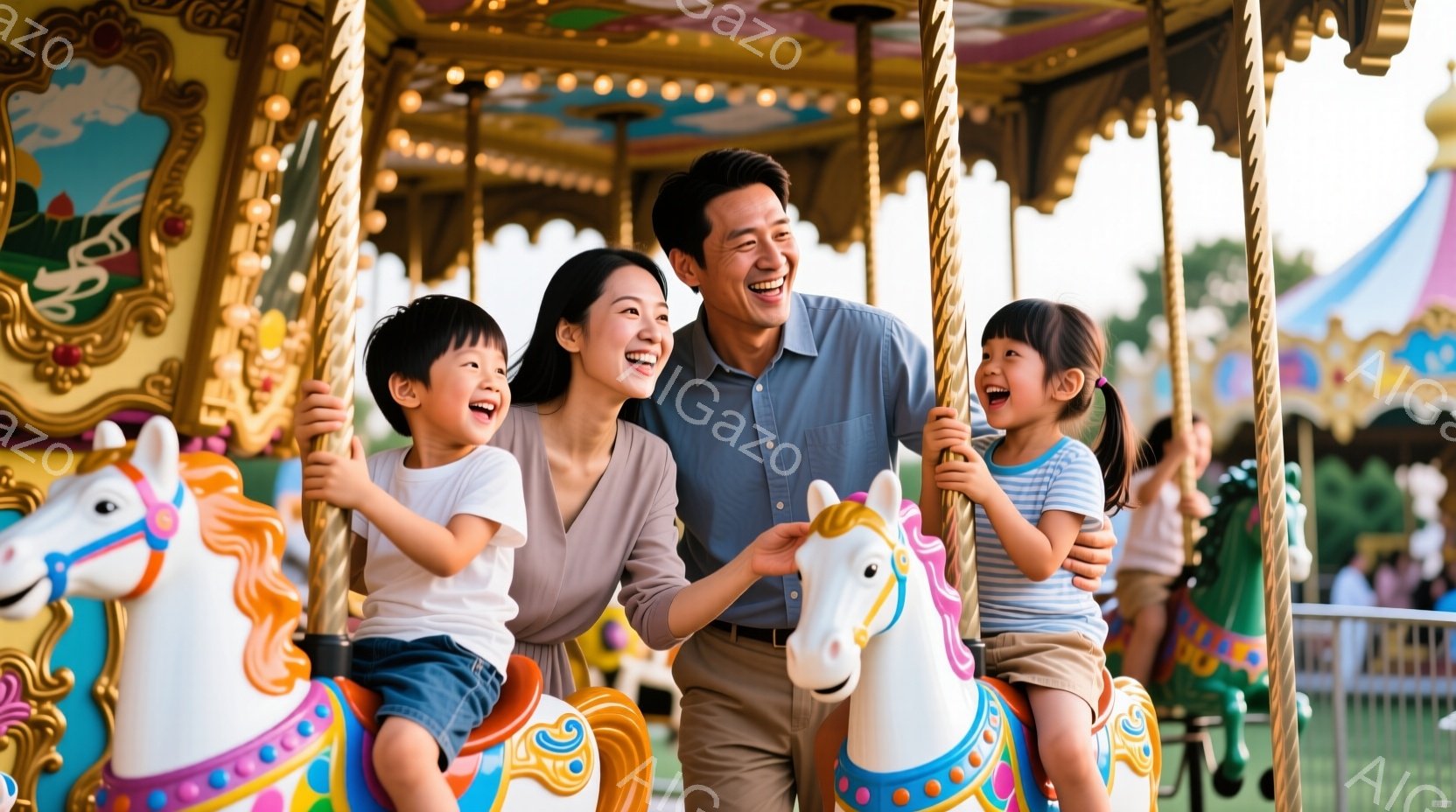 笑顔の家族がメリーゴーランドに乗っている様子が写っています。母親はベージュ色のカーディガンを着ており、父親は白のシャツにズボン姿です。二人の子供たちはそれぞれ白いシャツと水色のシャツを着て、馬の形をし - AI生成フリー素材
