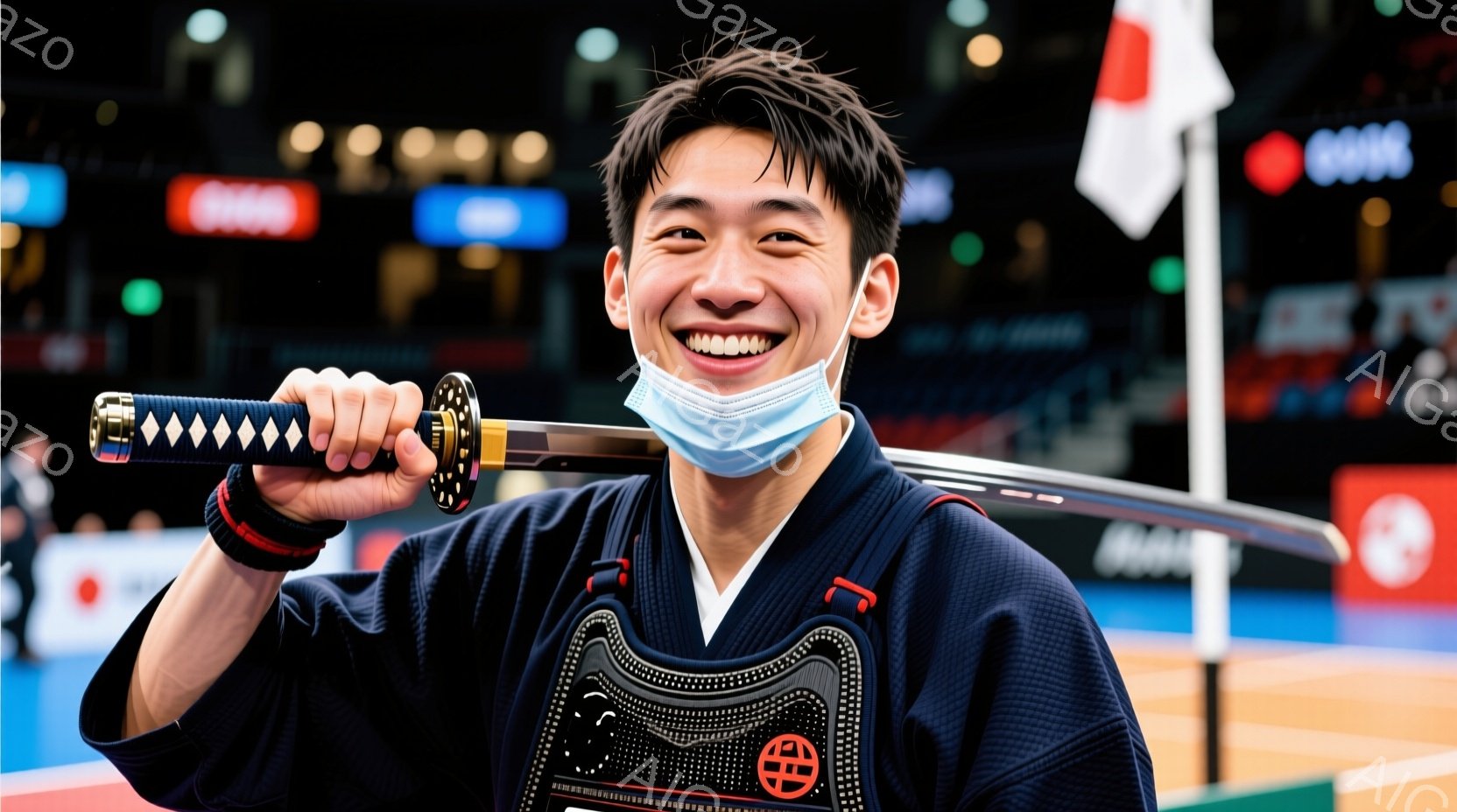 柔道選手が日本武士の格好をし、笑顔で自信と楽しさを表現している。彼は締め直した髪型に、白肌と黒髪のコントラストがあります。彼は着物（柔道着）を着用しており、手に刃渡りの太刀を持っています。背景は模様のない簡素な空間で、光源が上部から来るようです。