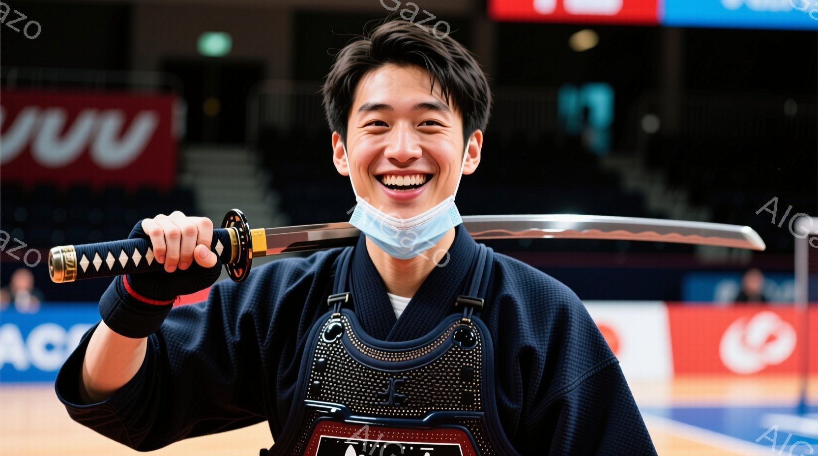 競技者は防具を身につけ、片手に刀を持って満面の笑みを浮かべている。彼は紺色の着物のような上着と黒い手袋を着用し、白いマスクをしています。背景には観客席が見え、競技場の照明が明るく、勝利や達成感を表現しているように見える。