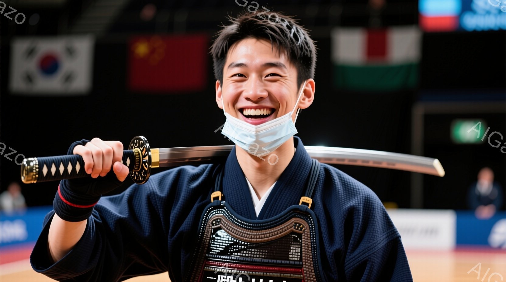 若い男性が、剣を肩に担いで満面の笑みを浮かべている。彼は藍色の着物のような服装で、黒い防御用具（胴着）を身に着け、白いマスクを着用している。背景には、様々な国の旗が掲げられた体育館のような場所が見え、活気のある競技の雰囲気が漂っている。