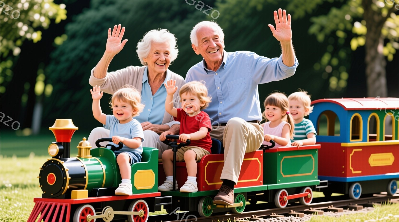 笑顔の高齢夫婦と3人の幼い子どもたちが、カラフルな遊園地の列車に乗っています。おじいさんは青いシャツを着て、おばあさんはピンクのセーターを着ており、皆、楽しそうに手を振っています。背景は緑豊かな芝生と - AI生成フリー素材