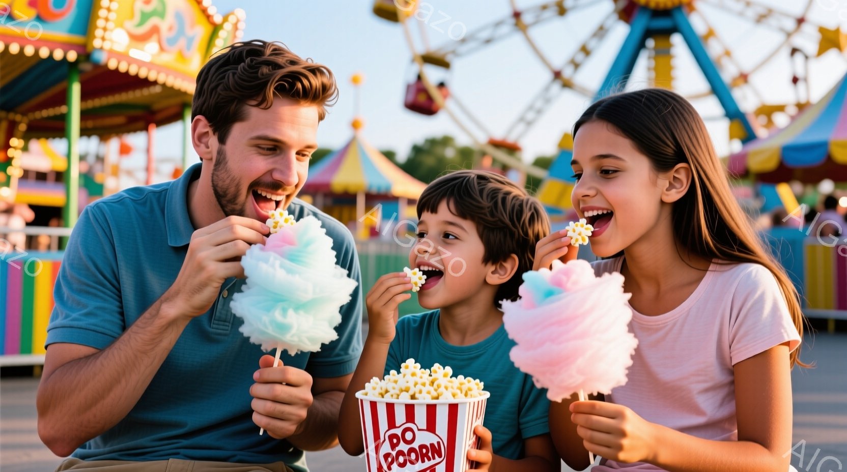 父親と二人の子供たちは、それぞれ綿菓子とポップコーンを楽しんでいます。父親は青いTシャツを着ており、子供たちはピンクと白いTシャツを着ています。背景には遊園地の乗り物やテントが見え、晴れた空の下で楽しそうな雰囲気が漂っています。