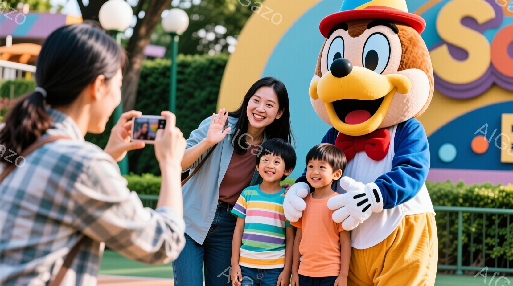 女性が二人の幼い子供たちと一緒に、大きなマスコットキャラクターと記念撮影をしています。女性はチェック柄のシャツにジーンズ姿で、明るい笑顔を浮かべてスマートフォンで写真を撮っています。背景には緑豊かな植物やカラフルな装飾が施された遊園地らしき場所が広がっており、晴れた空の下、家族連れが楽しんでいる様子が伺えます。