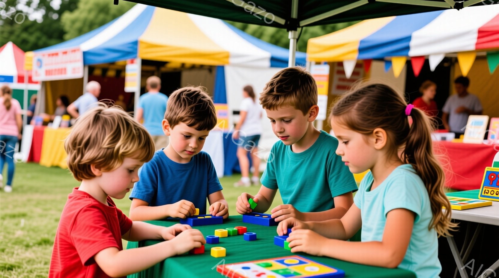 ４人の子供たちが緑色のテーブルを囲んでカラフルなブロックで遊んでいます。赤、青、緑のTシャツを着た男の子たちは集中した表情でブロックを並べ、金髪でポニーテールにした女の子も同じようにゲームに取り組んで - AI生成フリー素材