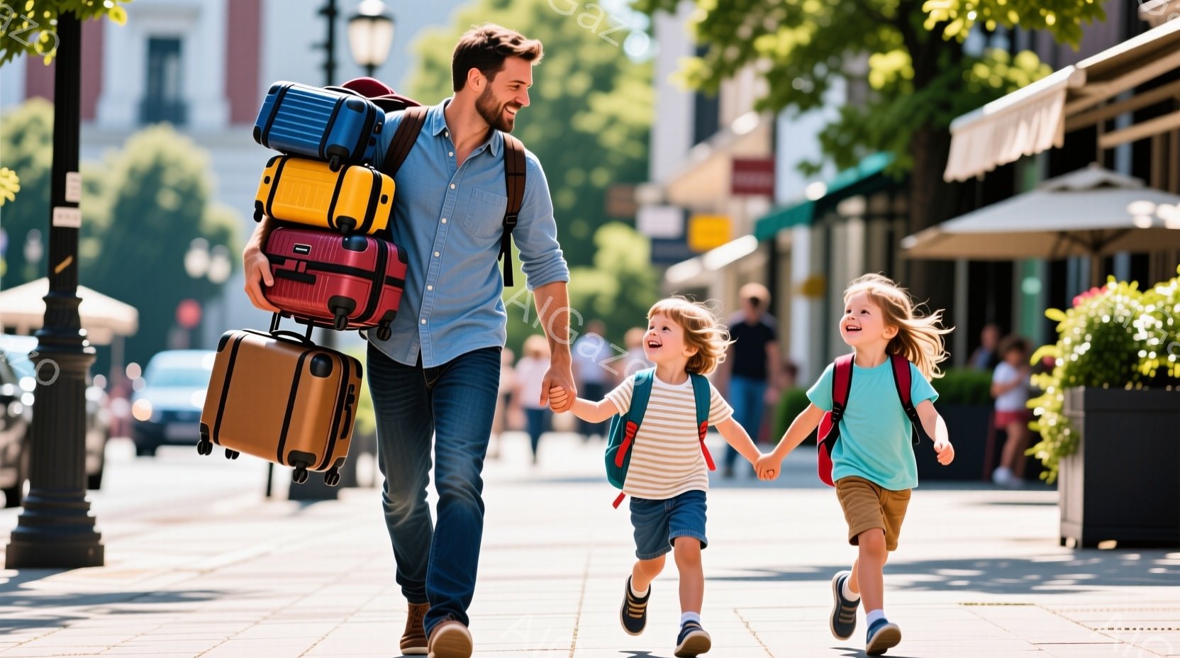 父親は複数のスーツケースを抱え、笑顔で歩いています。二人の子供たちはそれぞれバックパックを背負い、父親の手を繋ぎながら、楽しそうに走り出しています。背景には石畳の道、カフェ、緑豊かな木々が見え、晴れた - AI生成フリー素材