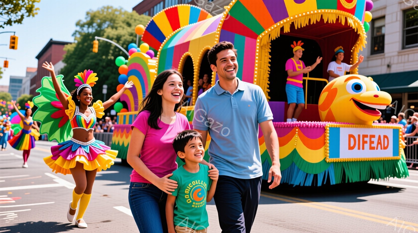 鮮やかな遊園地のパレードの様子で、母親はピンク色のTシャツ、父親は水色のポロシャツ、そして息子は緑色のTシャツを着て、笑顔で歩いています。背景にはカラフルなフロートと、踊り手の女性がおり、天候は晴れで、建物や木々が見えます。全体的に、楽しくて活気のある雰囲気です。