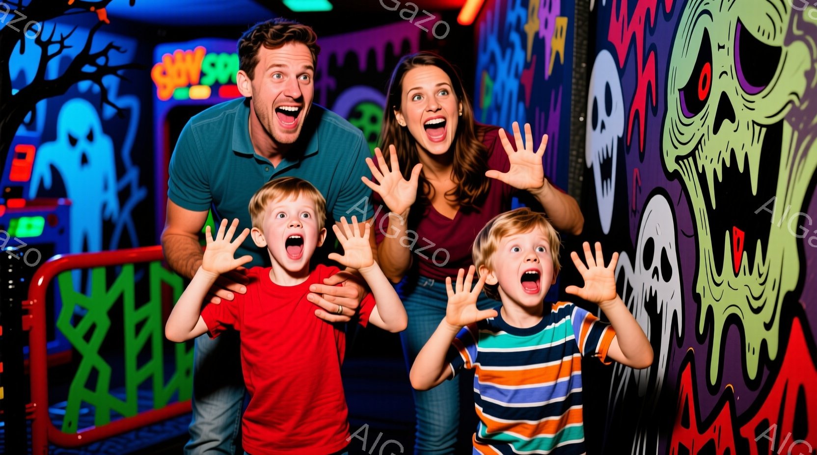 家族四人が、青と紫の幽霊が描かれた壁の前で驚いている様子が写っています。父親は緑のポロシャツ、母親は白いシャツを着ており、二人の子供はそれぞれ赤いシャツと縞模様のシャツを着ています。全員が両手を上げて口を開けており、驚きと興奮に満ちた表情をしています。