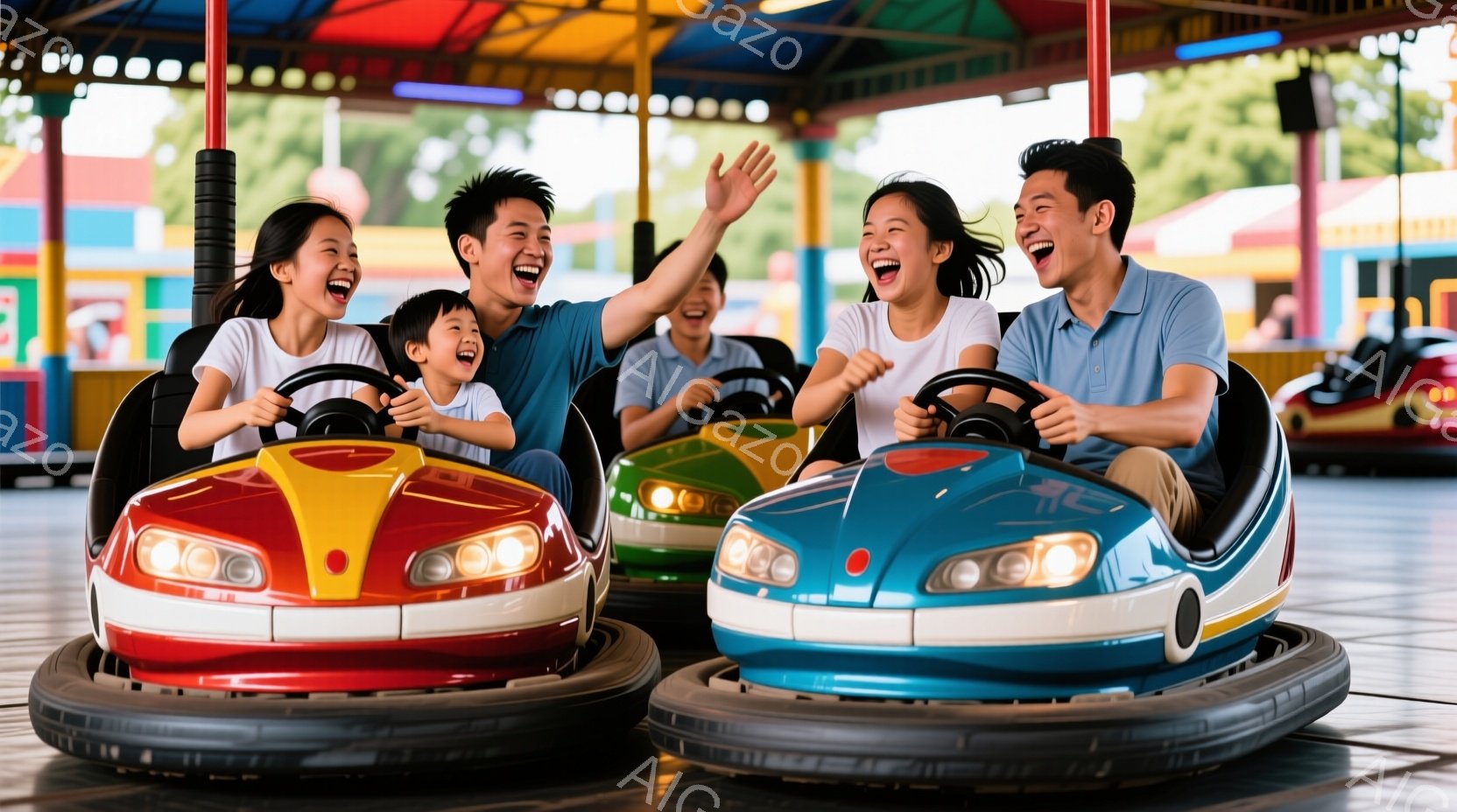 遊園地のバンパーカーに乗っている家族が写っています。子供たちは明るい色の車に乗り、父親は青い車を運転し、母親は赤い車で腕を上げて楽しんでいます。背景には他の車と遊園地の装飾が見え、晴れた日の楽しい雰囲気が伝わってきます。