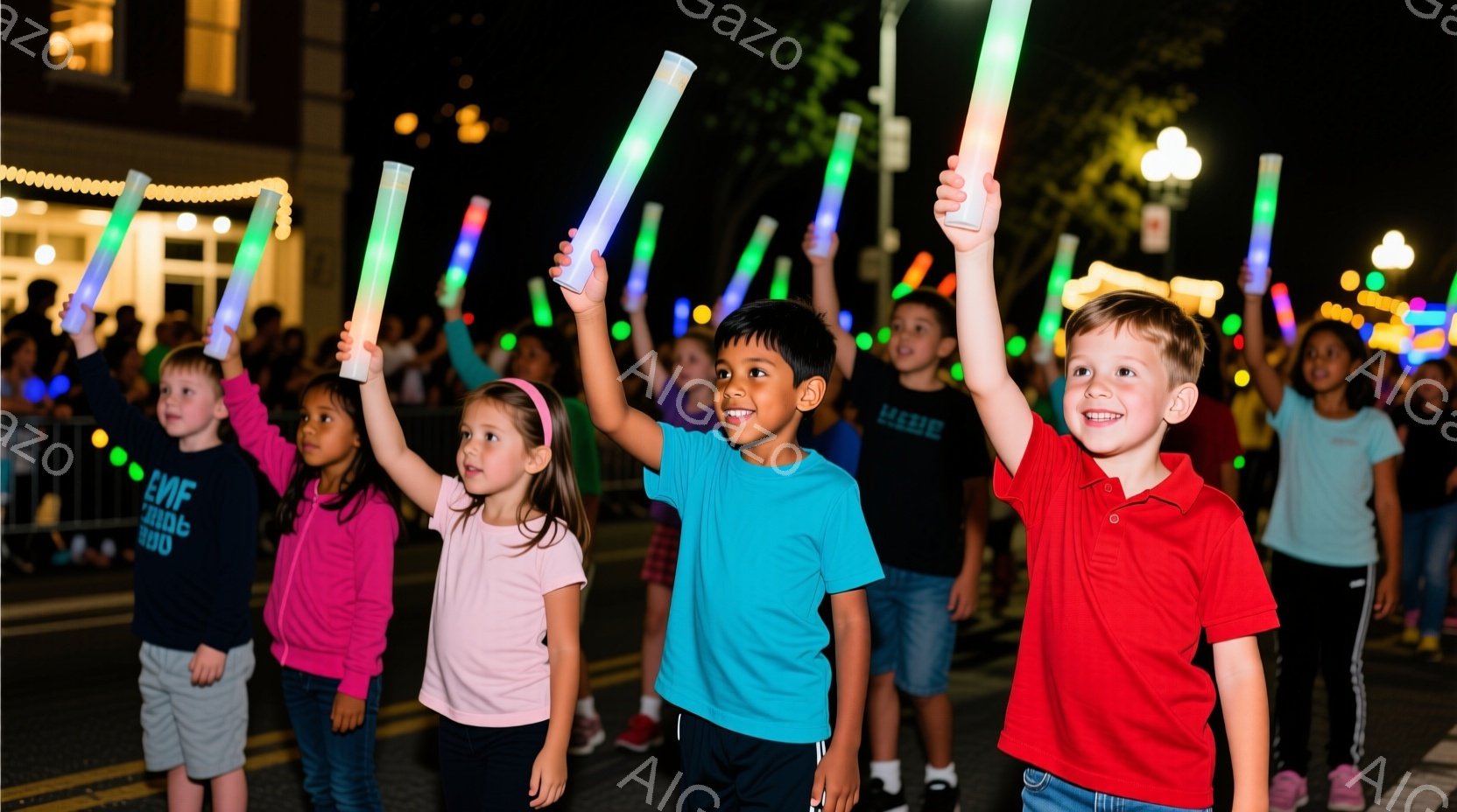夜の屋外で、子供たちが光る棒を高く掲げている様子が写っている。子供たちはそれぞれ異なる色の服を着ており、赤いシャツの男の子や、ピンクのパーカーを着た女の子、青いTシャツの男の子などがいる。背景にはぼやけた建物が見え、夜空は暗く、光る棒が子供たちの楽しさを際立たせている。