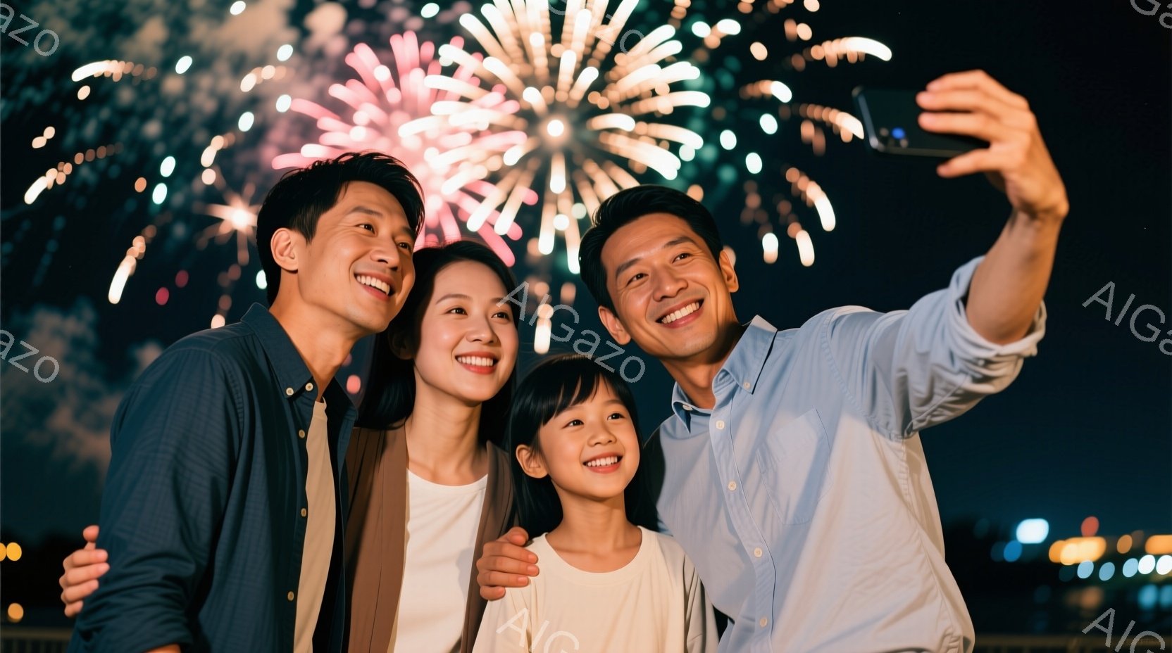 家族四人が花火を背景にセルフィーを撮っています。父親はネイビーのシャツ、母親はベージュのカーディガンと白いシャツ、娘は白いシャツを着ており、皆笑顔でカメラに向かってポーズをとっています。背景には夜景の街並みと打ち上げられた色鮮やかな花火が広がり、温かく幸せな雰囲気が伝わってきます。