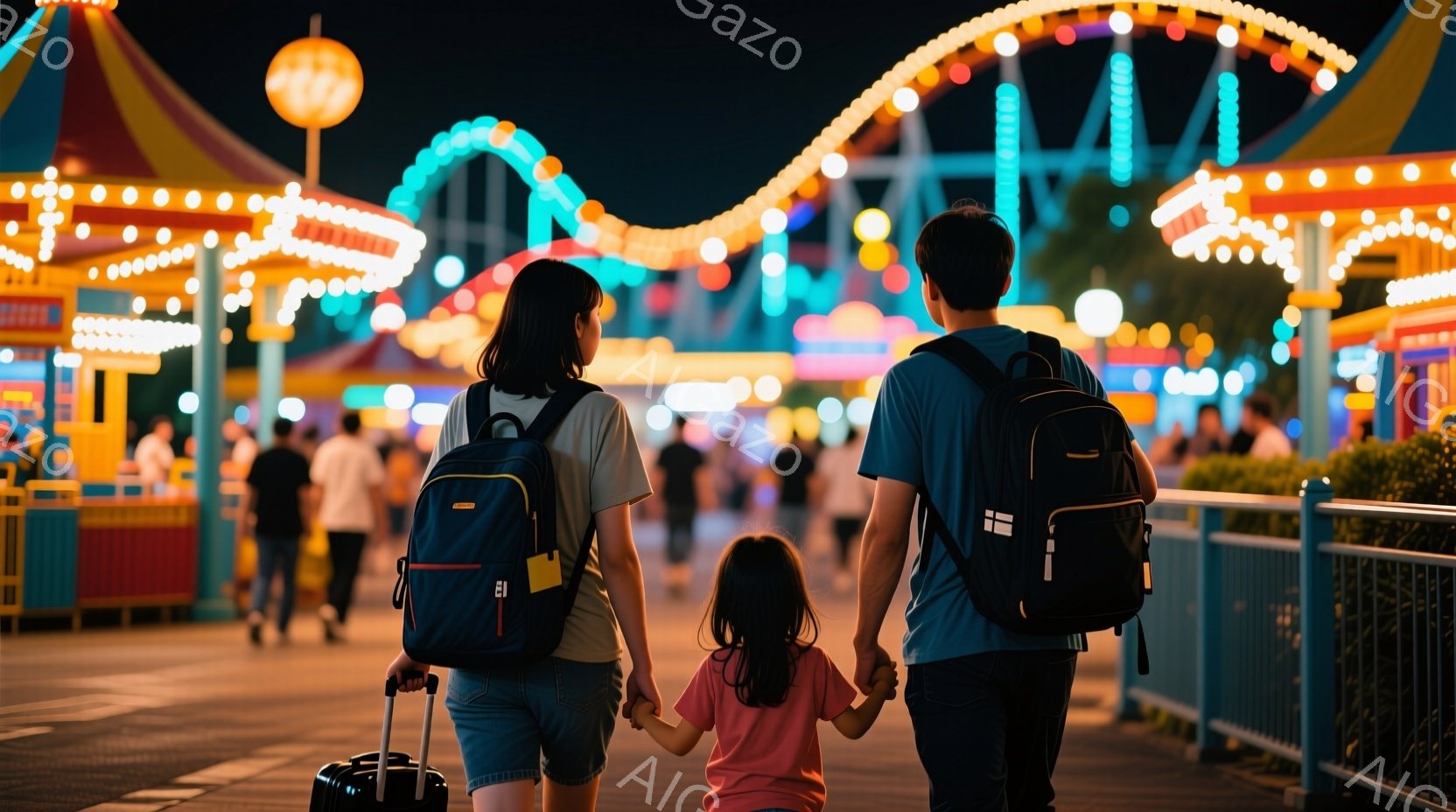 遊園地の夜、後ろ姿の家族が手をつないで歩いている。母親は白いTシャツに短パン、娘はピンクのTシャツ、父親は青いTシャツを着用し、それぞれリュックサックを背負っている。背景にはカラフルな遊具や光が輝き、夜の賑やかさと家族の温かい雰囲気が伝わってくる。