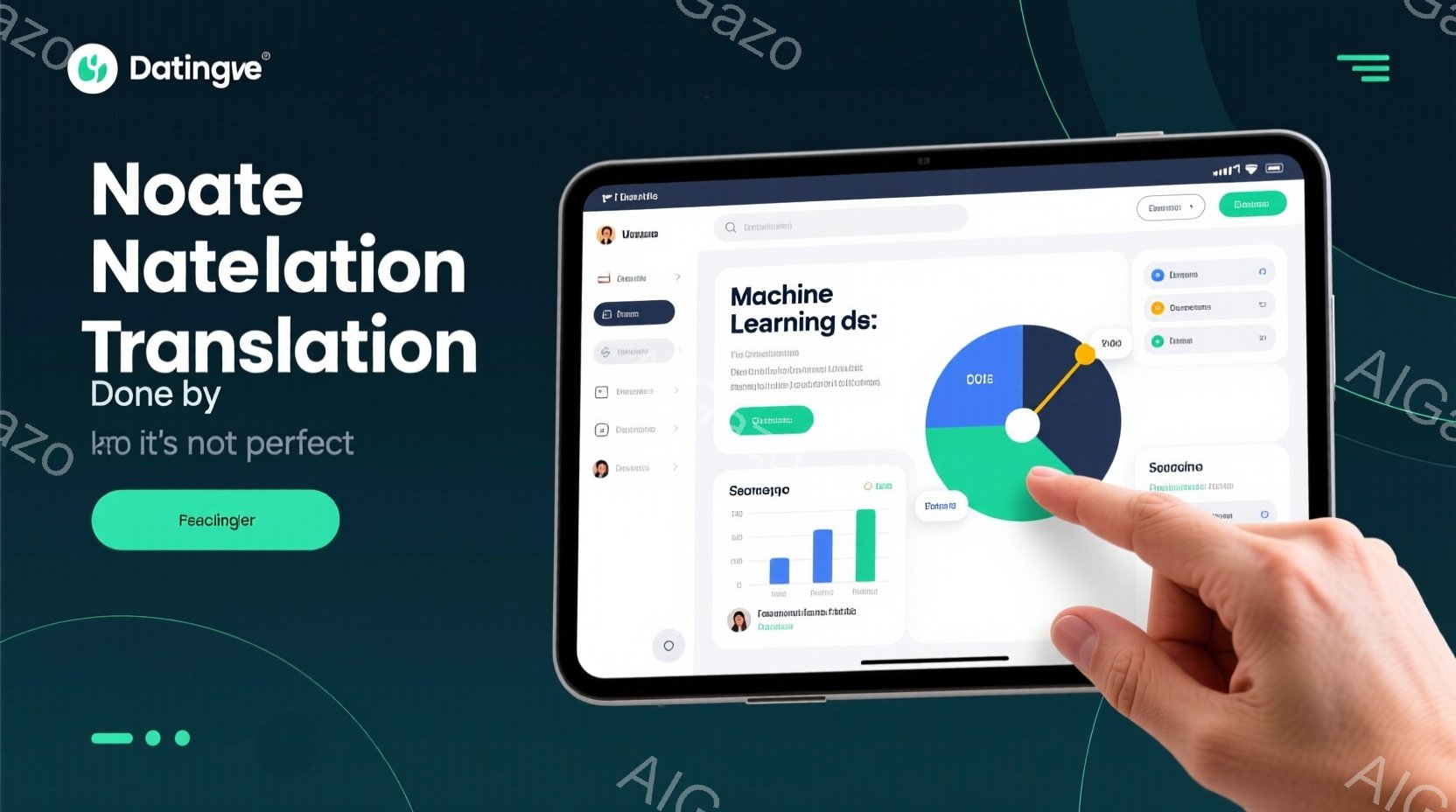 インタラクティブなデザインの広告で、手がスマートフォンを操作している人物が大きく映っています。髪型はショートカットで、服装はビジネスカジュアルに見えます。背景はディジタルグラフィックのようなデザインで、照明があり、現代的な印象を与えている。