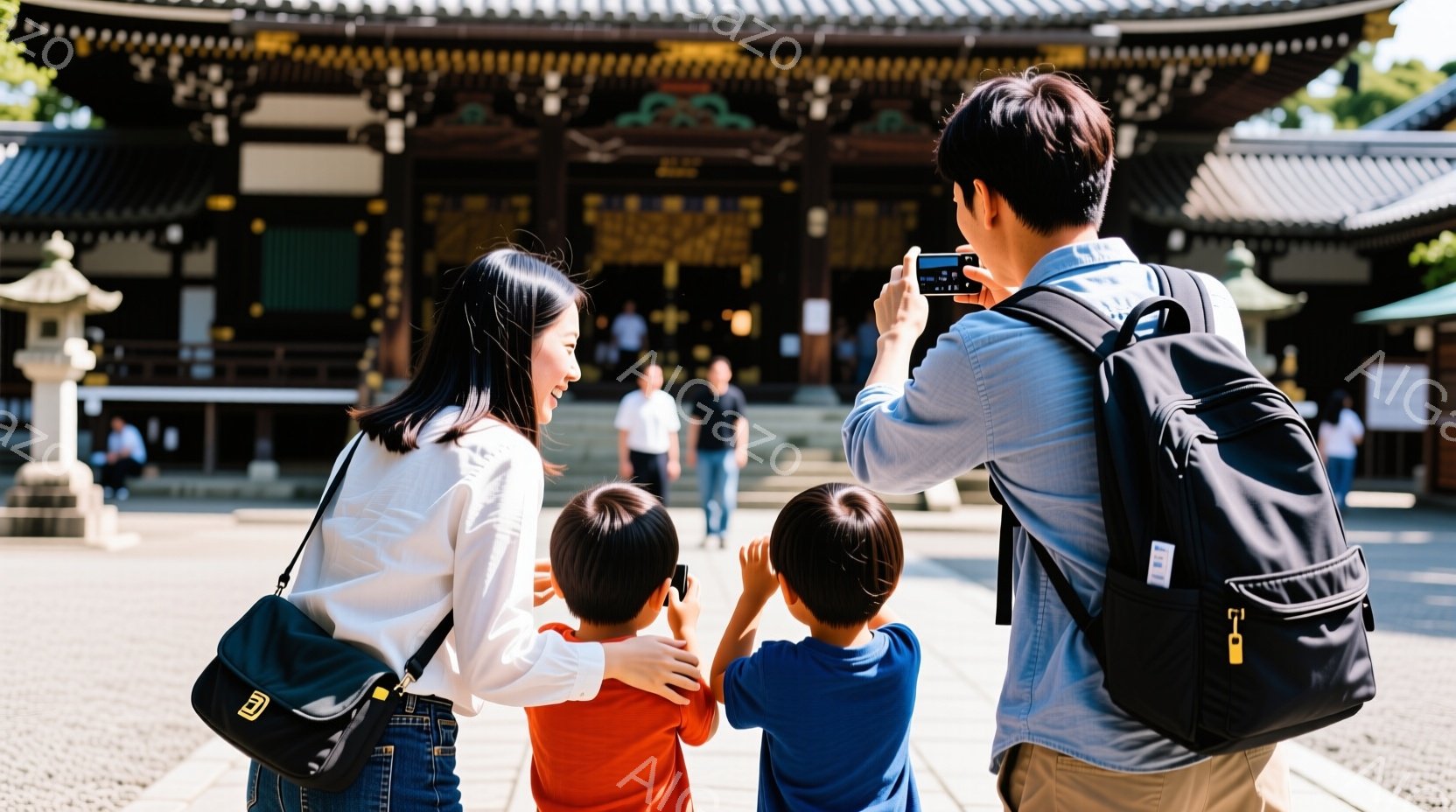 家族が寺院の前で記念撮影をしています。母親は肩を組んで笑顔で前に向き、二人の息子たちは母親の肩に寄り添っています。父親はスマートフォンで家族を撮影しており、背景には伝統的な日本の寺院建築と晴天の空が見えます。
