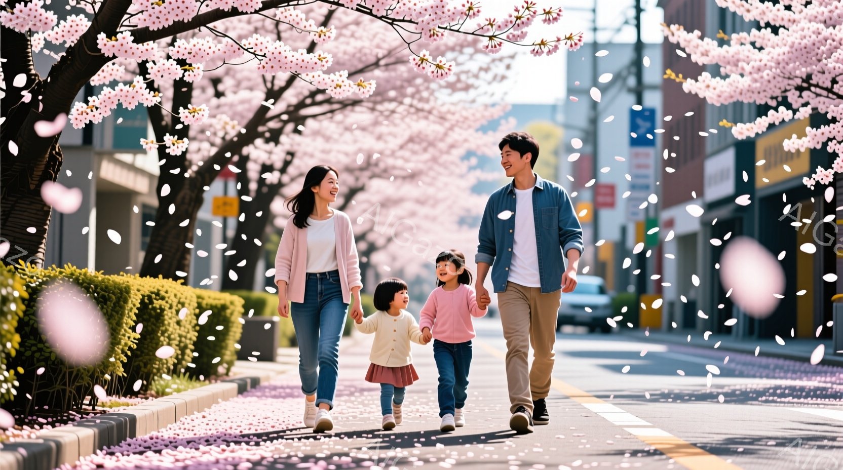 桜並木を歩く家族が写っている。母親はデニムのジーンズと薄いピンク色のトップス、娘はピンク色のトップスとデニムのスカートを着用し、父親はジーンズと水色のシャツを着ている。家族は皆笑顔で、互いに手をつない - AI生成フリー素材
