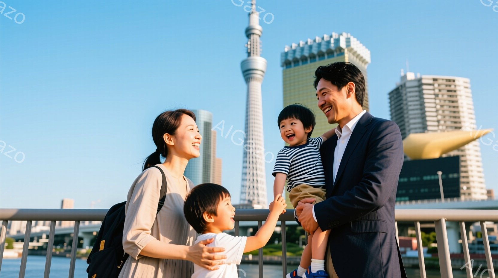 晴れた日に、若い夫婦と幼い二人の息子たちが橋の上で楽しそうにしている写真です。母親はベージュ色のシャツに黒のリュックを背負い、父親は紺色のスーツを着ています。息子たちはそれぞれ白のTシャツを着ており、 - AI生成フリー素材
