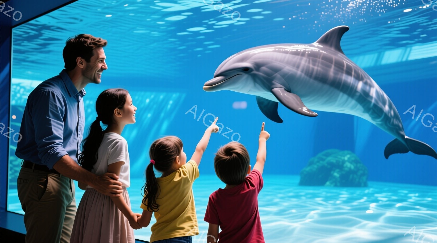 一人の男性と二人の子供が水族館の大きな水槽の前に立っている。男性はデニムシャツを着ており、長女は薄いピンク色のワンピースを着ていて、弟は赤いTシャツを着ている。彼らは皆、水中にいるイルカを見上げており、長女と弟は指を差し、興奮した表情をしている。