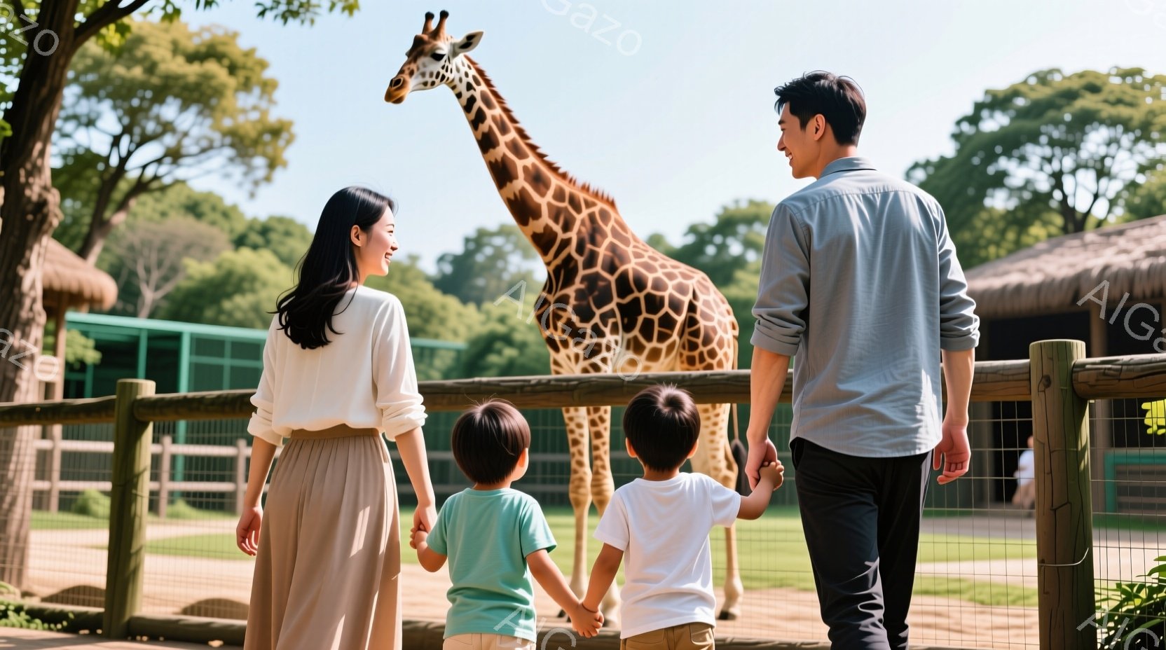 母親と父親と二人の息子が、柵の前に立ってキリンを見上げています。母親はベージュのロングスカートと白いブラウス、父親はデニムのズボンに薄いブルーのシャツを着ています。背景には緑豊かな木々と土の地面が見え、晴れた日差しの中で家族が動物園を楽しんでいる温かい雰囲気です。