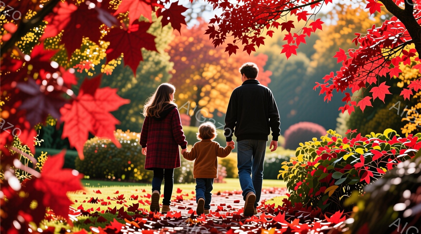 赤や黄色の落ち葉が敷き詰められた道を、小さな女の子と大人が手をつないで歩いている。女の子は赤いチェック柄のコートを着ており、大人はジーンズと濃い色のセーターを着ている。背景には鮮やかな紅葉の木々と緑の - AI生成フリー素材
