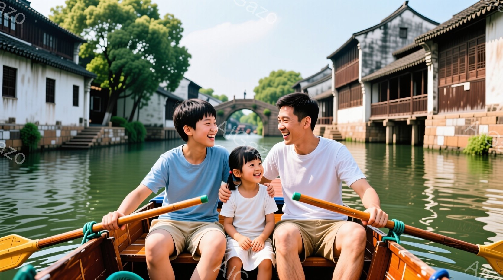 家族がボートに乗って水路を漕いでいる様子が写っています。母親は白いTシャツと短パン姿で、父親も同様の服装で、二人とも笑顔でオールを操っています。ボートの中央には、白いワンピースを着た幼い娘が座っており、嬉しそうに笑っています。背景には伝統的な様式の建物が並び、緑豊かな自然と晴天が、穏やかで幸せな雰囲気を醸し出しています。