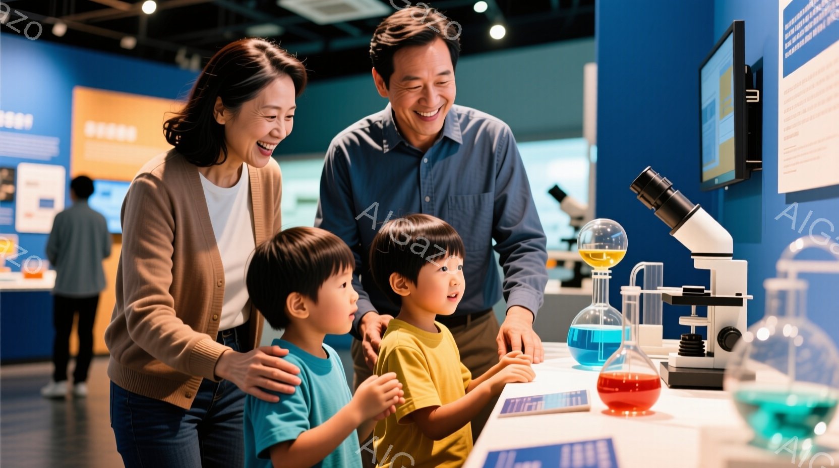 博物館の展示の前で、母親と二人の幼い息子たちが科学実験の展示を見ている様子が写っている。母親は肩を寄せ合い、嬉しそうに息子たちの様子を見守り、息子たちは実験装置に興味津々で、実験装置を指差して何かを話 - AI生成フリー素材