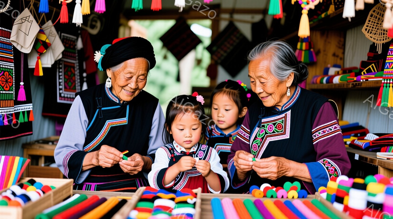 伝統的な衣装を着た二人の女性と一人の少女が写っています。おばあちゃんと思われる女性は、濃い色の服に鮮やかな刺繍が施された頭飾りをつけ、微笑みながら何かを手作業で編んでいます。少女は、同じような衣装を着て、おばあちゃんの手伝いをするように、カラフルな素材を手に取り、集中した表情で作業しています。