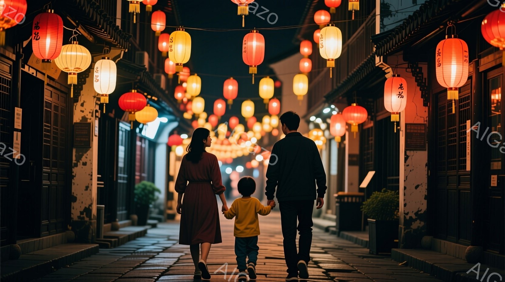 煉瓦造りの路地に、赤い提灯が密集して吊るされており、母親と幼い子供が手をつないで歩いている後ろ姿が捉えられている。母親は赤茶色のワンピースを着ており、子供は黄色い服を着ている。全体的に暖かく、幻想的な - AI生成フリー素材