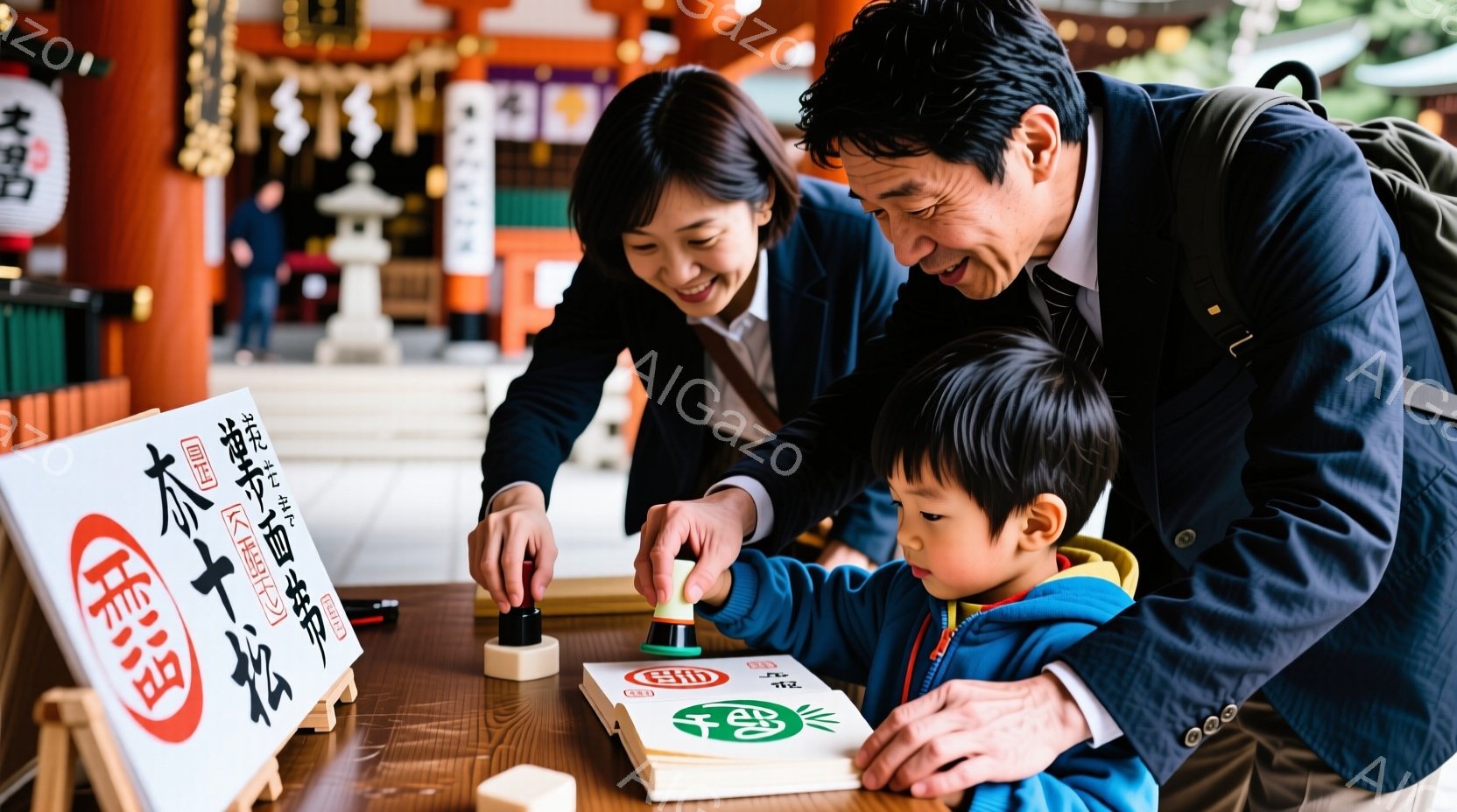 日本語で書かれた看板を見ながら、中年の男性と若い女性、そして幼い少年が共に絵や文字を読んだり手で操作したりする場面を表しています。 男性は髭を持ち、シルバーハイライトのような髪型で、若い女性は副教授のような服装を着ており、少年は彼らに沿って何か手元の物品を操作しています。 全体として、親子3人が一緒に遊んだり学んだりしているような暖かい、家族的な雰囲気があります。
