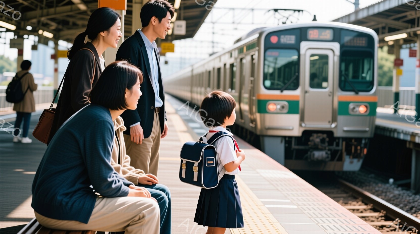 プラットフォームに立つ女性と男性、そして小学生くらいの女の子が写っています。女性はベージュ色のパンツに薄いブルーのカーディガン、男性はベージュ色のパンツに黒いジャケット、女の子は制服に赤いランドセルを背負っています。電車が接近しており、３人は電車の方向をじっと見ており、晴れた空と駅の構造が背景にあります。