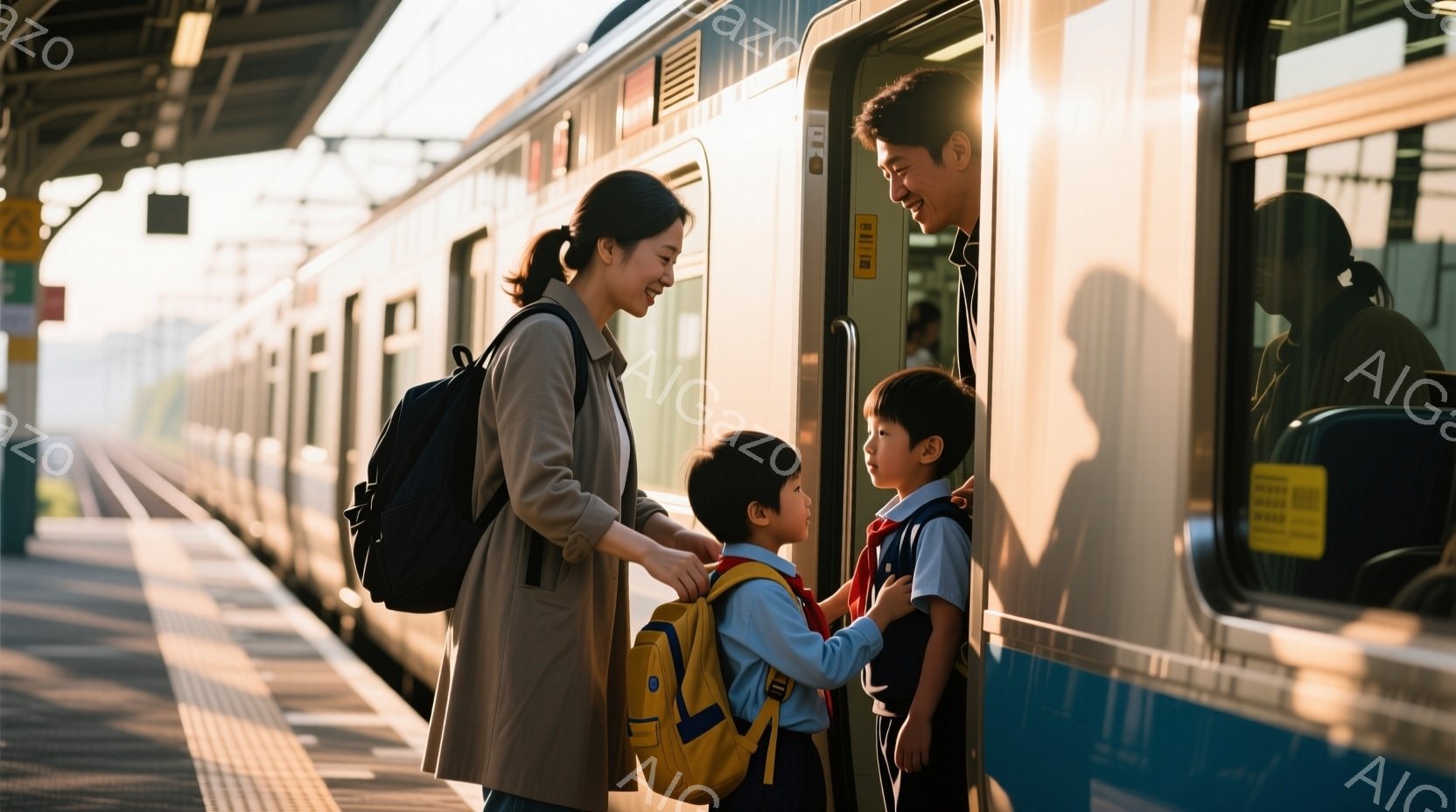 ホームに立つ女性と、電車から降りてくる二人の男の子が描かれています。女性はベージュ色のトレンチコートと黒いリュックを着用し、笑顔で男の子たちを見つめています。男の子たちは制服を着ており、学校から帰ってきたようです。