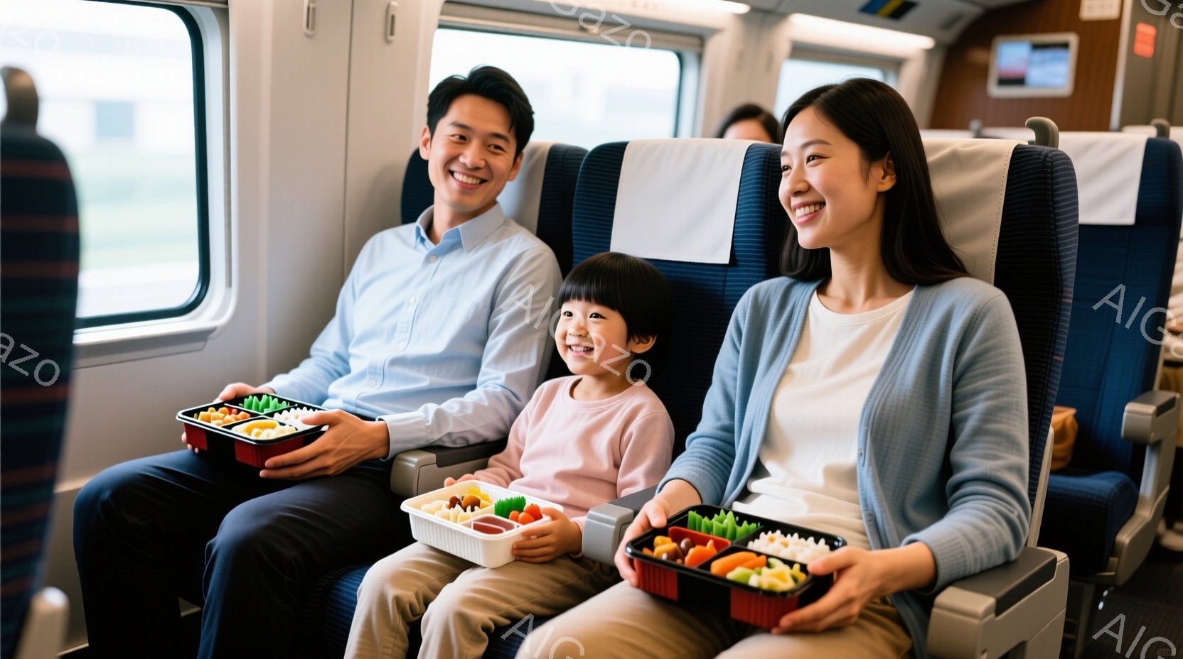 列車内に座っている若い夫婦と幼い娘の姿が写っています。 母親はベージュのパンツに水色のカーディガンを着ており、父親は白いシャツと濃い色のズボンを着用しています。 ３人は皆笑顔で、それぞれお弁当箱を持っ - AI生成フリー素材