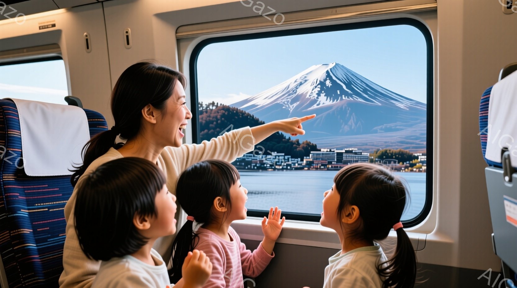 列車の中にいる女性と3人の幼い子供たちが、窓の外の富士山を眺めている様子が写っている。女性は黒髪を後ろでまとめ、子供たちはそれぞれお団子ヘアで、全員が興奮した表情で指をさしている。背景には、湖と緑豊かな山々が広がり、晴天の下、富士山が雄大にそびえ立っている。