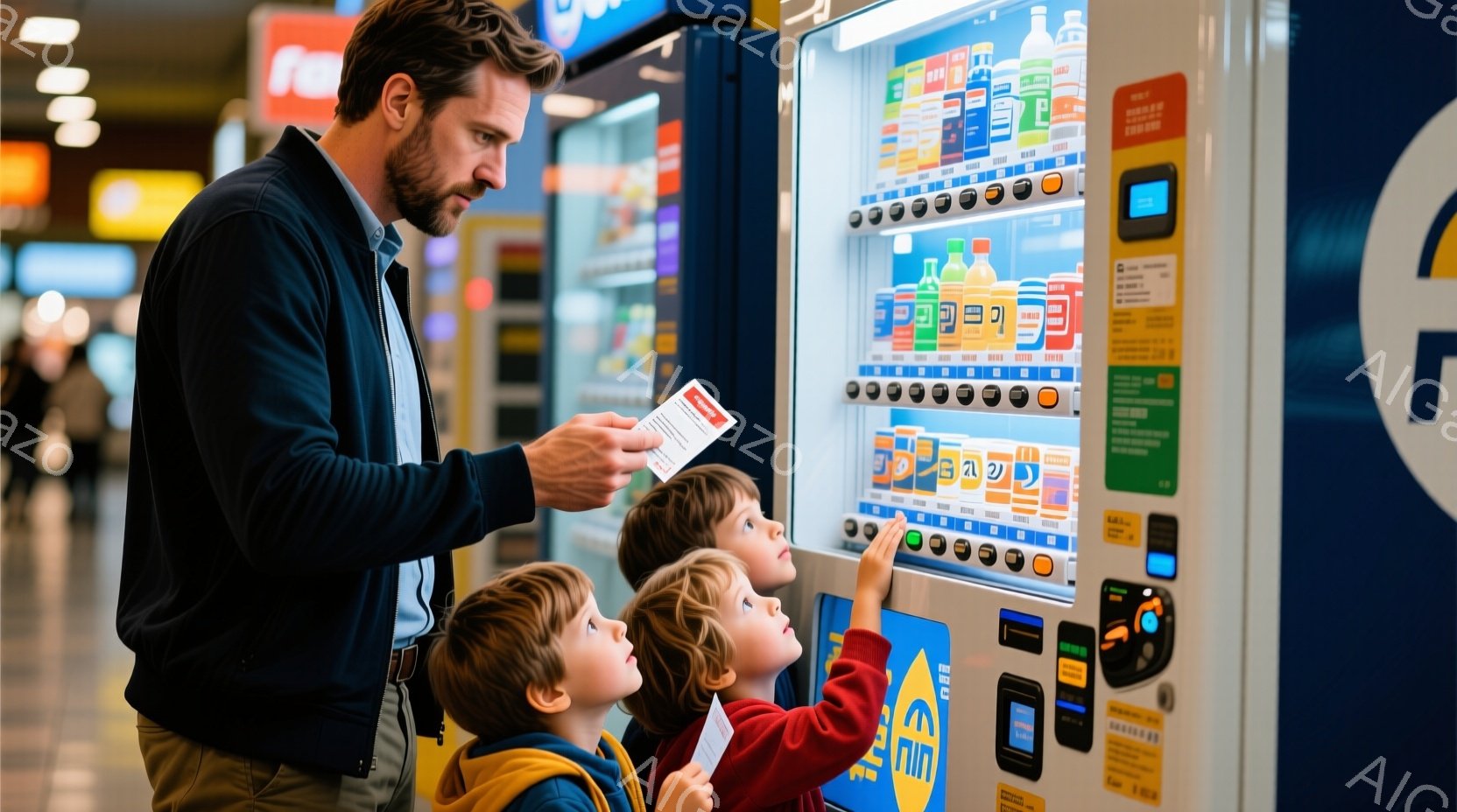 自動販売機の前には、大人と二人の幼い子供が立っている。大人は紺色のジャケットを着ており、何かを指差しながら子供たちに説明しているようだ。子供たちはそれぞれ赤いジャケットを羽織り、自動販売機の商品を興味深そうに見上げている。