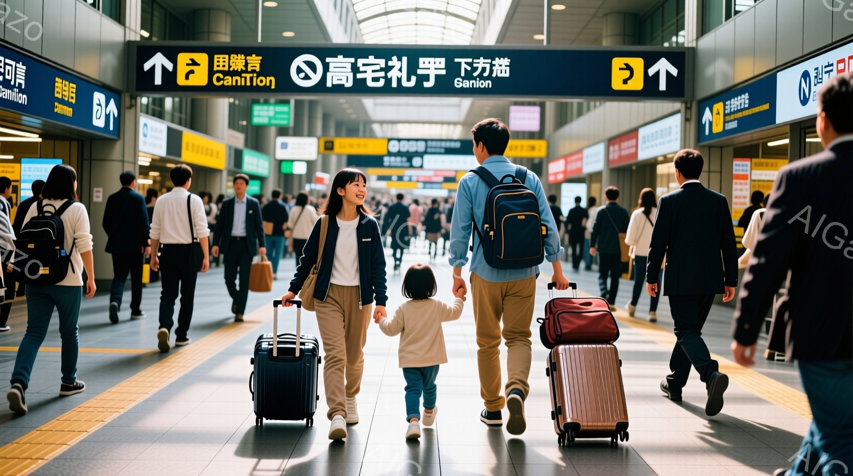 鉄道駅のプラットフォームで、若い夫婦が幼い娘と手をつないで歩いている様子が写っている。女性は白いシャツにジーンズ、男性は紺色のシャツにジーンズ、娘はピンク色の服を着ており、皆明るい表情をしている。背景には多くの人々が歩き、駅の案内標識や広告が並び、全体的に活気のある雰囲気である。