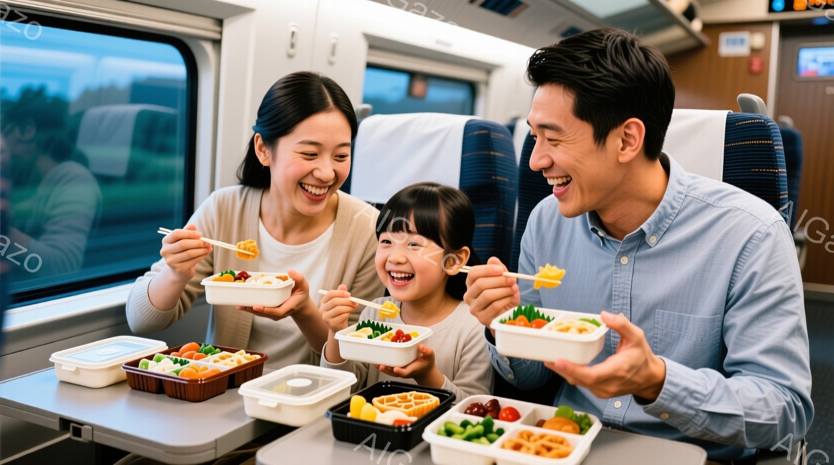 電車内で、笑顔の親子がそれぞれの弁当を楽しんでいる様子が写っている。母親はベージュ色のシャツを着て髪を後ろにまとめ、娘は白いシャツを着て髪にリボンをつけている。父親は青いシャツを着ており、全員が幸せそうに食事をしている。