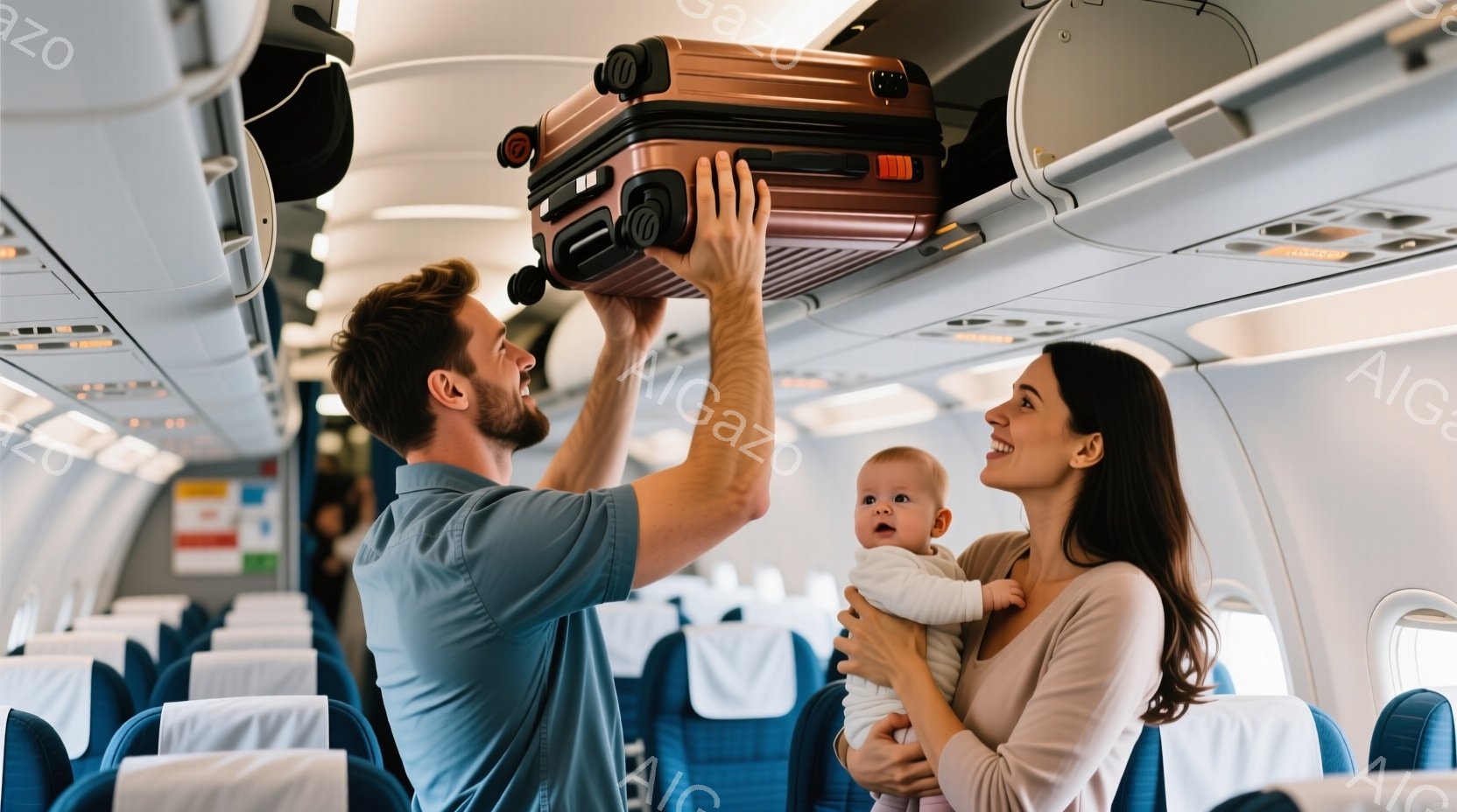 飛行機内にて、男性が頭上の荷物棚にオレンジ色のスーツケースを上げようとしており、笑顔を見せています。女性は赤ちゃんを抱きかかえており、二人とも幸せそうに微笑んでいます。背景には青い座席と、他の乗客の座席が見え、飛行機の中の明るく快適な雰囲気が伝わってきます。