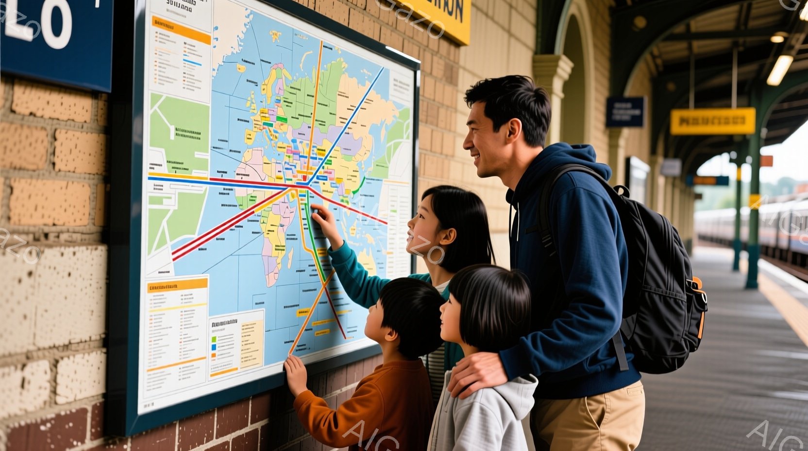 駅のプラットフォームに立つ家族が描かれています。父親は濃い青色のパーカーとベージュ色のズボンを着用し、母親はベージュ色のジャケットと濃い色のズボンを着用しています。二人の子供たちはそれぞれオレンジ色と灰色の服を着ており、母親と一緒に大きな駅の地図を指し示しています。