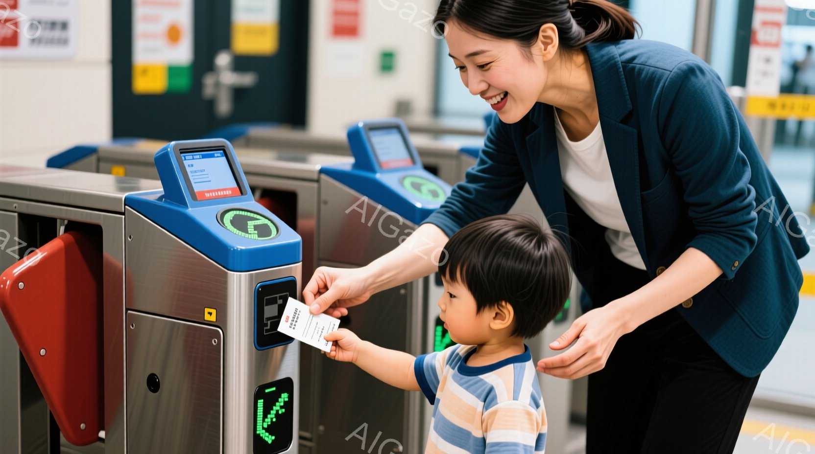 改札機で切符をタッチしようとしている若い母親と幼い男の子が写っています。母親は紺色のジャケットを着て微笑んでおり、男の子はストライプのシャツを着て、切符を母親に渡そうとしています。背景には改札機と、ぼやけた駅の様子が見え、明るく温かい雰囲気です。