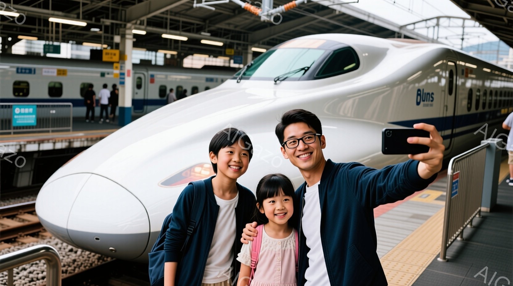 鉄道の駅のプラットフォームで、父親と二人の娘が一緒にセルフィーを撮っています。父親はメガネをかけ、紺色のシャツを着ており、二人の娘はそれぞれ異なる服装ですが、どちらも笑顔でカメラに向いています。背景には新幹線が停車しており、駅の屋根や線路が見え、晴れた日の家族旅行の様子が伺えます。