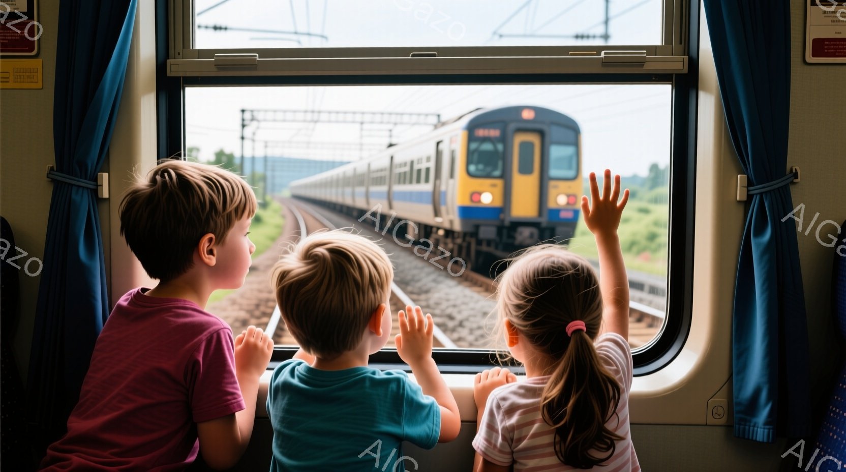 3人の子供たちが列車の窓から外を見ている様子が描かれています。一番左の男の子は赤いシャツを着ており、真ん中の男の子は青いシャツ、一番右の女の子はピンクと白の縞模様のシャツを着て、髪はポニーテールに結ばれています。背景には緑豊かな風景が広がり、鉄道線路と青い空が広がっていて、子供たちは興奮した様子で列車を見上げています。