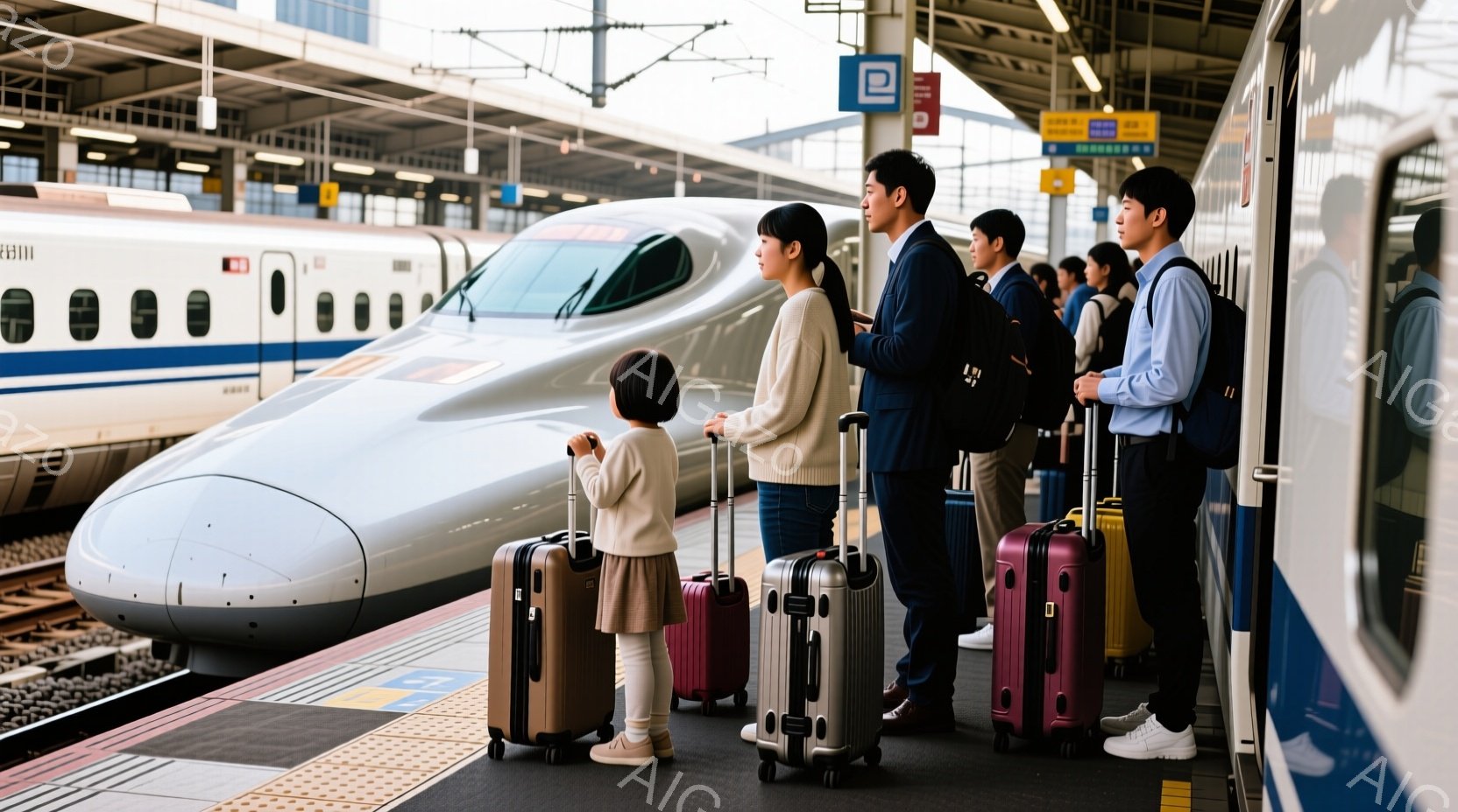 プラットフォームには、スーツ姿の男性やカジュアルな服装の女性、幼い子供たちが旅行用のスーツケースと共に立っている。子供たちは新幹線に興味津々で、見つめている様子が伺える。背景には白い新幹線が停車しており、駅のホームの屋根と標識が見え、晴れた日の旅行の始まりを予感させる。