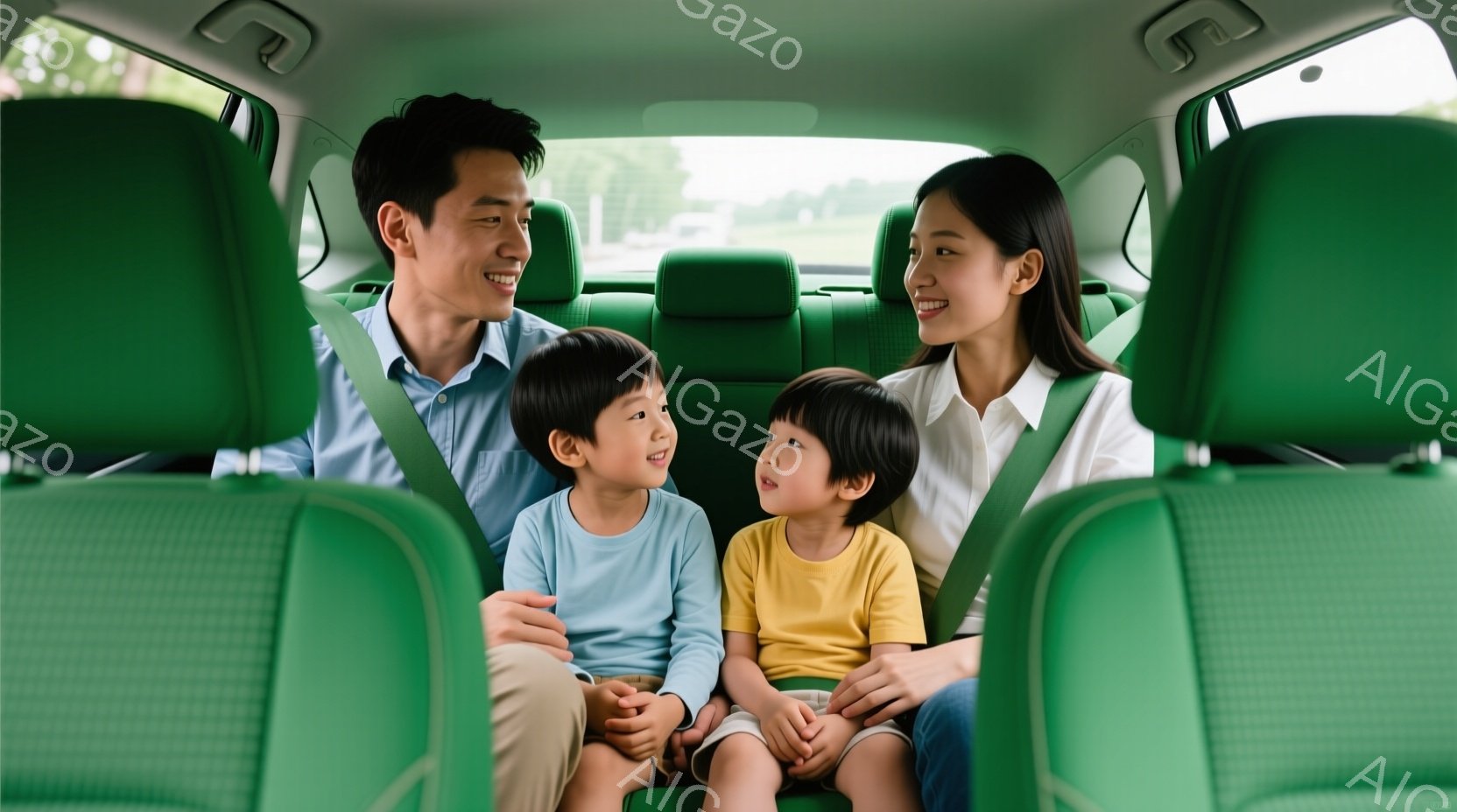 家族が車内で笑顔で座っています。父親は黒いシャツを着ており、母親は白いシャツを着ています。二人の子供はそれぞれ水色のシャツと黄色のシャツを着ており、皆リラックスした様子で、背景には緑豊かな自然が見えま - AI生成フリー素材