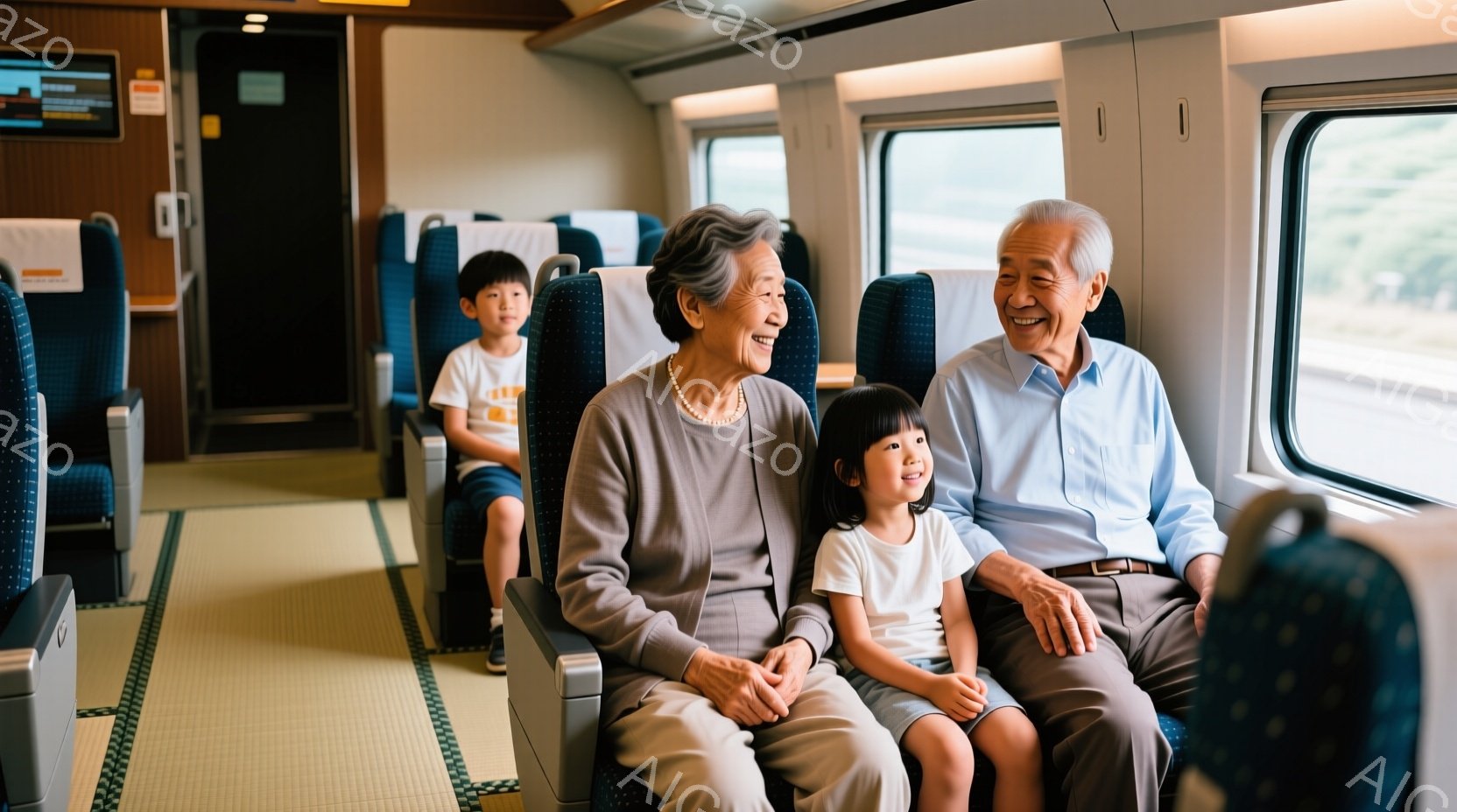 電車内で笑顔の祖母、祖父、そして幼い少女が写っています。祖母はグレーのセーターを着ており、祖父は明るいブルーのシャツを着ています。少女は白いTシャツを着て、膝を抱えて座っており、電車内は明るく、背景には緑豊かな風景が見えます。
