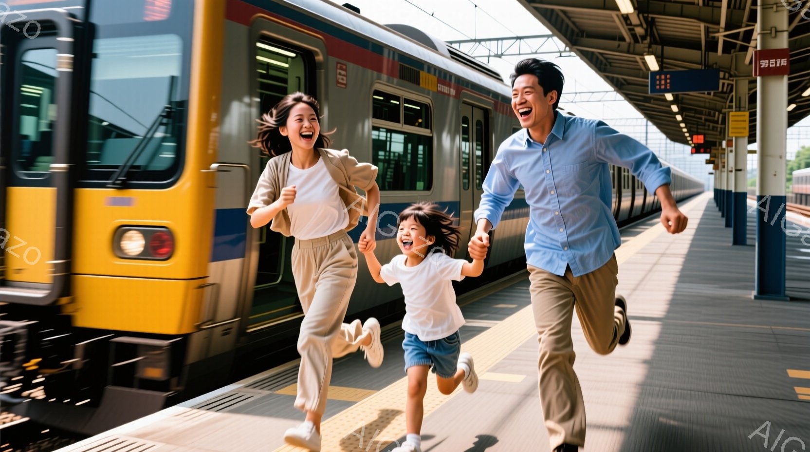 幼い娘と両親が駅のホームで走っている写真です。母親はベージュのパンツスーツ、父親は水色のシャツとズボン、娘は白いTシャツとデニムの短パンというカジュアルな服装で、皆笑顔で楽しそうにしています。背景には黄色い電車が走り、晴れた空とホームの標識が見え、家族の幸せな瞬間を捉えた、明るく活気のある雰囲気です。