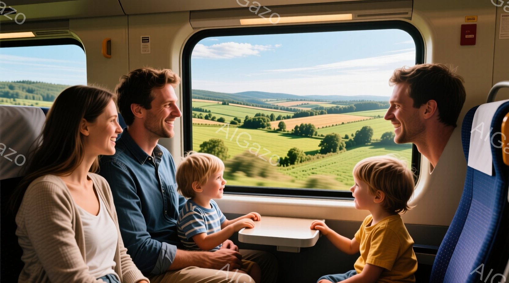 鉄道車両の窓際に、母親と父親、そして二人の幼い男の子が座っています。母親はベージュ色のトップスを着ており、父親はネイビーのシャツを着ています。二人の幼い男の子はそれぞれ異なる色のシャツを着ており、皆が - AI生成フリー素材