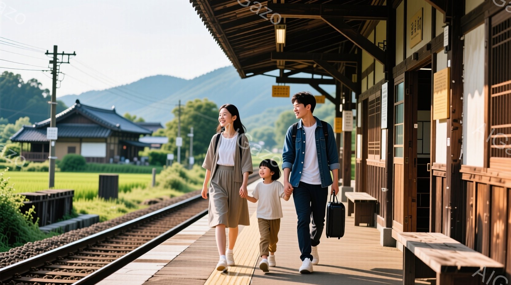 線路沿いの駅のホームを歩く若い夫婦と幼い子供が写っています。女性は白いワンピースに白いスニーカー、男性はデニムジャケットに黒いズボン、子供は白いTシャツに短いズボン姿で、皆笑顔で手をつないでいます。背 - AI生成フリー素材